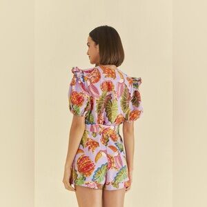 Farm Rio Lilac Beaks & Bananas V Neck Romper